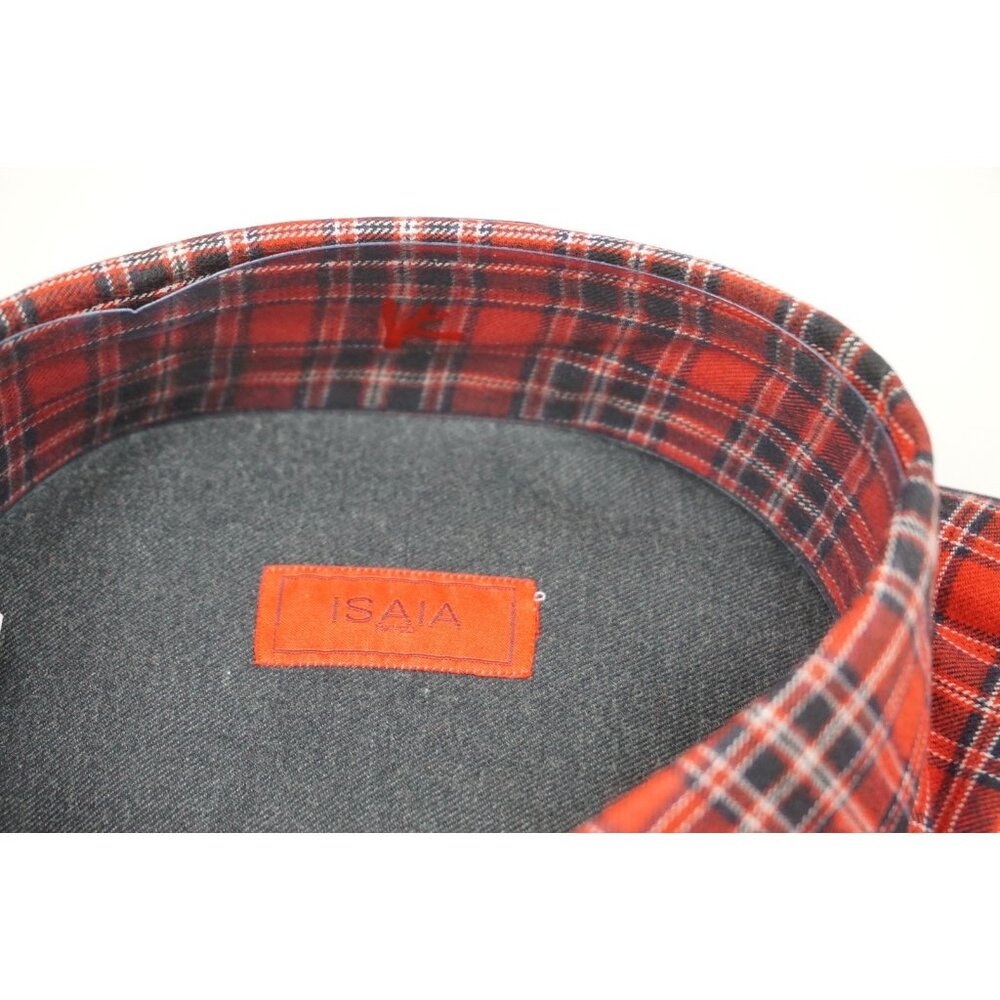 Isaia cherry Red Navy Flannel Plaid Long Sleeve Cotton Dress Shirt 15.5/39 NEW - Picture 4 of 5